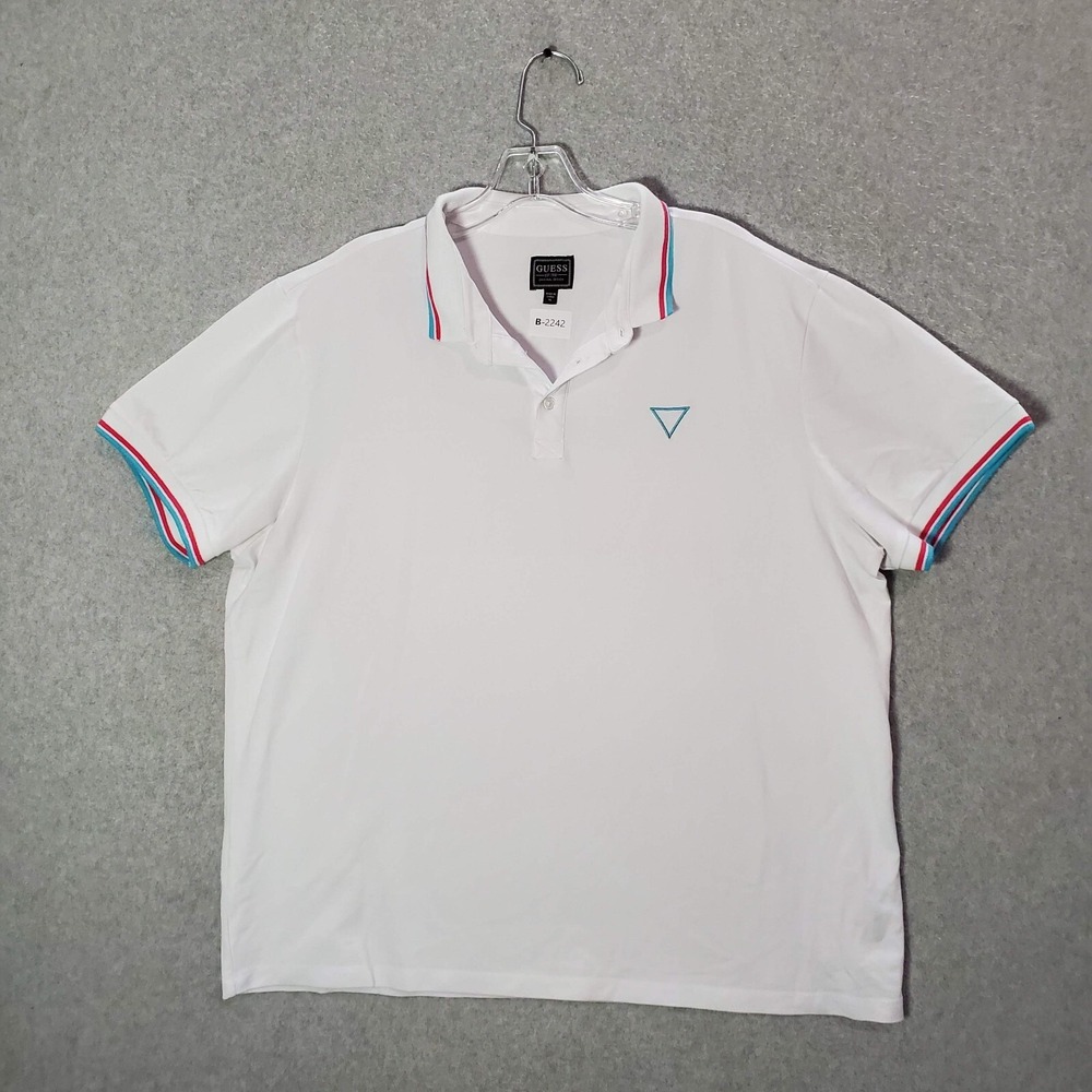 Guess Men‎ Polo Shirt XL White Logo Short Sleeve Pop Trim
